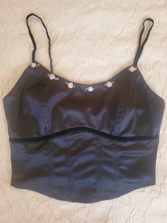 wild fable Tops - Black Satin Corset Tank Top with Pink Roses